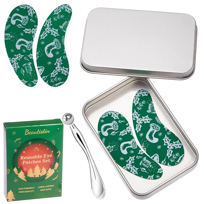 2 Pairs Reusable Under Eye Wrinkle Patches Silicone Mask, Plump Fine Lines & Wrinkles, with Metal Eye Cream Applicator, Tin Case, Christmas Green