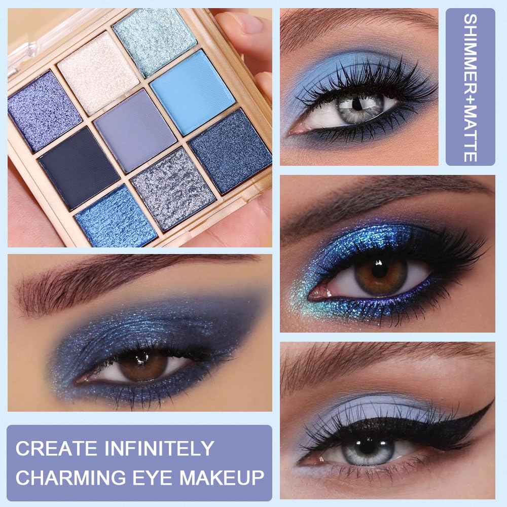 9 Colors Blue Eye Shadow Palettes,Dark Light Royal Cobalt Baby Sky Navy Blue Eyeshadow Palette for Older Women,Natural Powde Travel Size Eye Shadows Waterproof Long Lasting Naturing-Looking