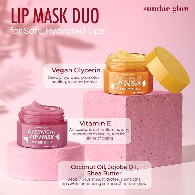 Mango, Vanilla & Watermelon Duo Lip Mask & Scrub - Dermatologist Tested, Anti-Aging, Korean Skin Care, Deep Hydration - Smooth, Soft & Plump Lips - Clean Beauty, Vegan, Non-GMO - 1 Pack