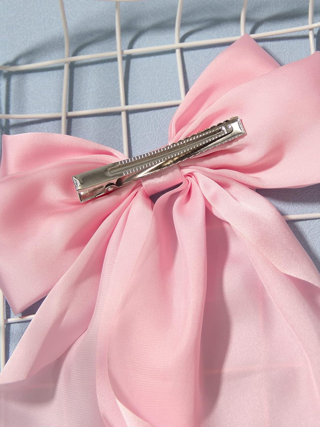 Furling Pompoms Hair Bow Clip, Pink Beige Satin Long Tails with Alligator Clips, Large Bow Hair Accessories for Women and Girls, 2pcs