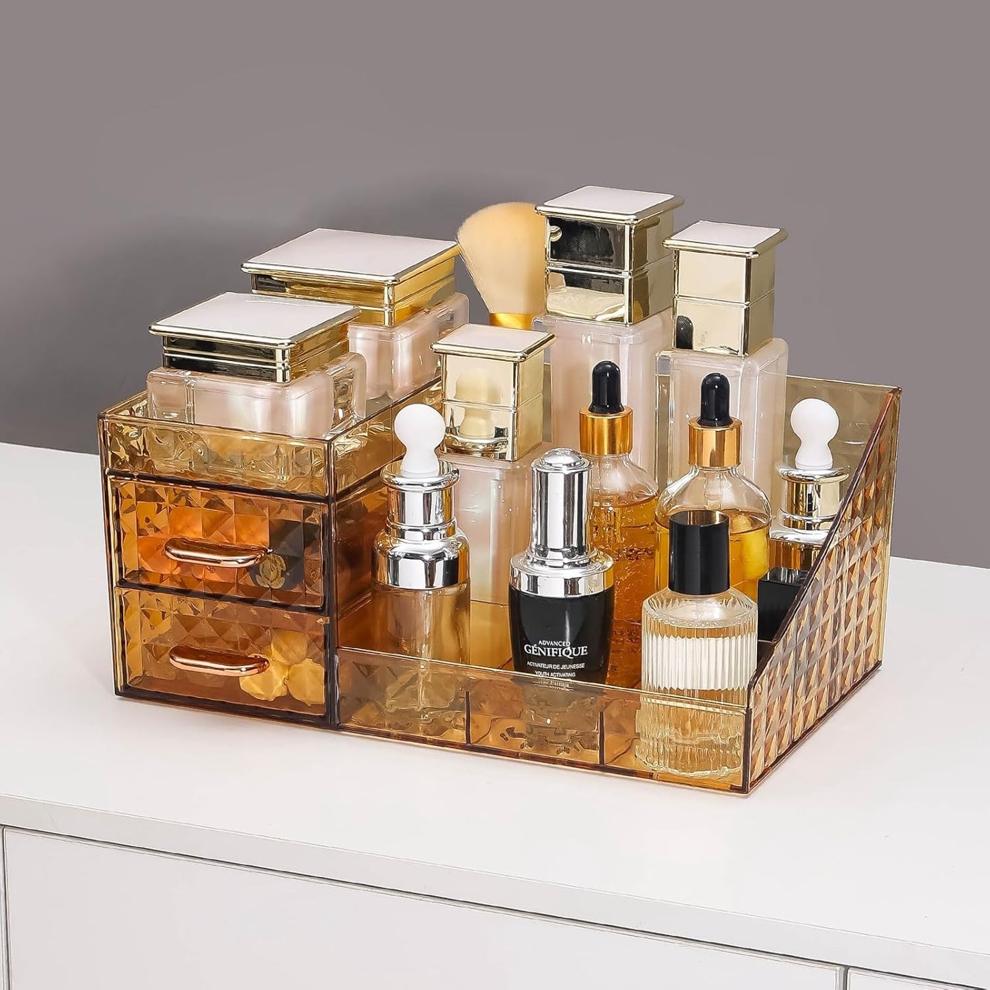 Clear Makeup Organizer for Vanity,Desk Makeup Caddy With Drawers for Cosmetics,Lipsticks Nail Care Skincare Jewelry Countertop Organizers,Cosmetic Display Cases for Bathroom, Dresser (Amber)