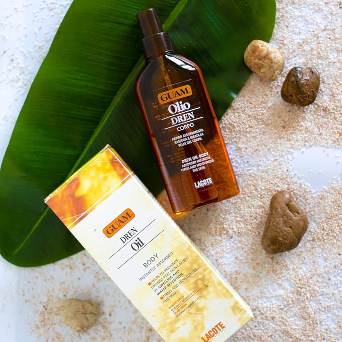 Guam DREN Anti Cellulite Massage Oil with Essential Oils, Draining Body Oil with Lymphatic Drainage, Water Retention & Anti Swelling Oil, Cellulite Lotion, 200ML