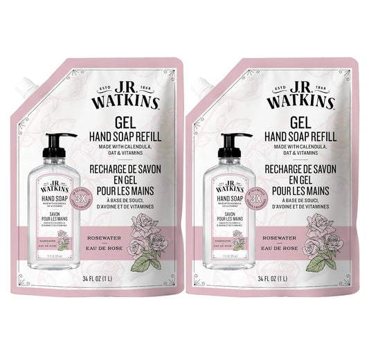 J.R. Watkins Gel Hand Soap Refill, Moisturizing Hand Wash, Formulated with Plant-Based Cleansers, Alcohol-Free, Cruelty-Free, Rosewater, 34 Fl Oz, 2 Pack