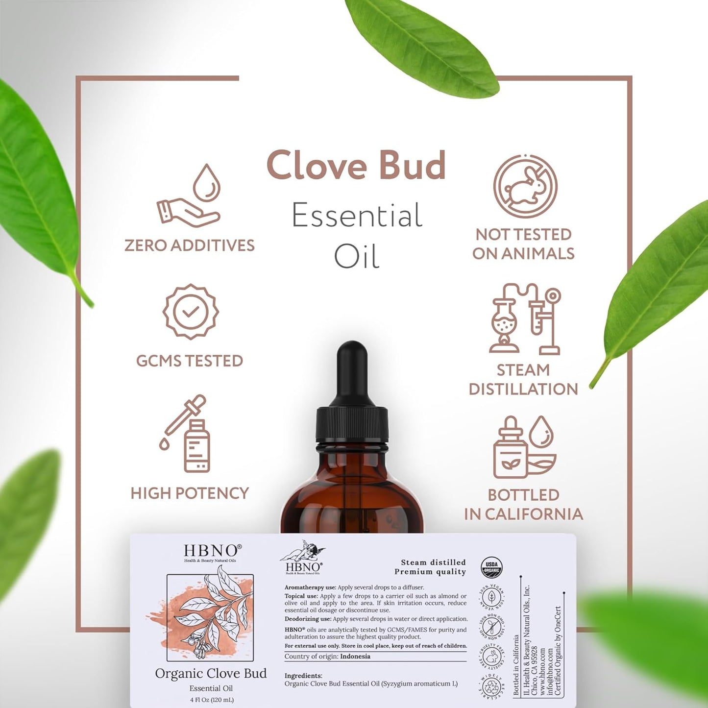 HBNO Organic Clove Bud Essential Oil - 4 oz (120ml) - USDA Certified Organic Clove Bud Essential Oil, Soap Making, DIY, Fragrances, Diffuser
