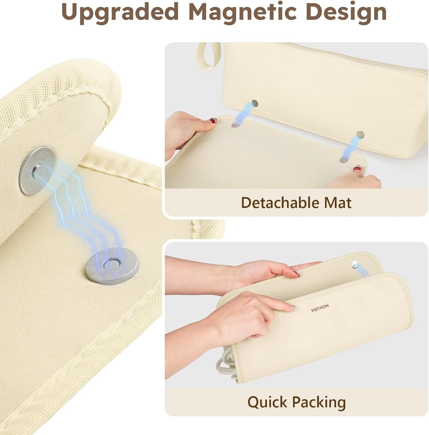 MOKURA Hot Hair Tools Travel Bag with Heat Resistant Mat Removable, Hair Accessories Organizer Case, Women Travel Essentials, Storage Pouch for Curling Iron Straightener Flat Iron Hair Dryer, Ivory