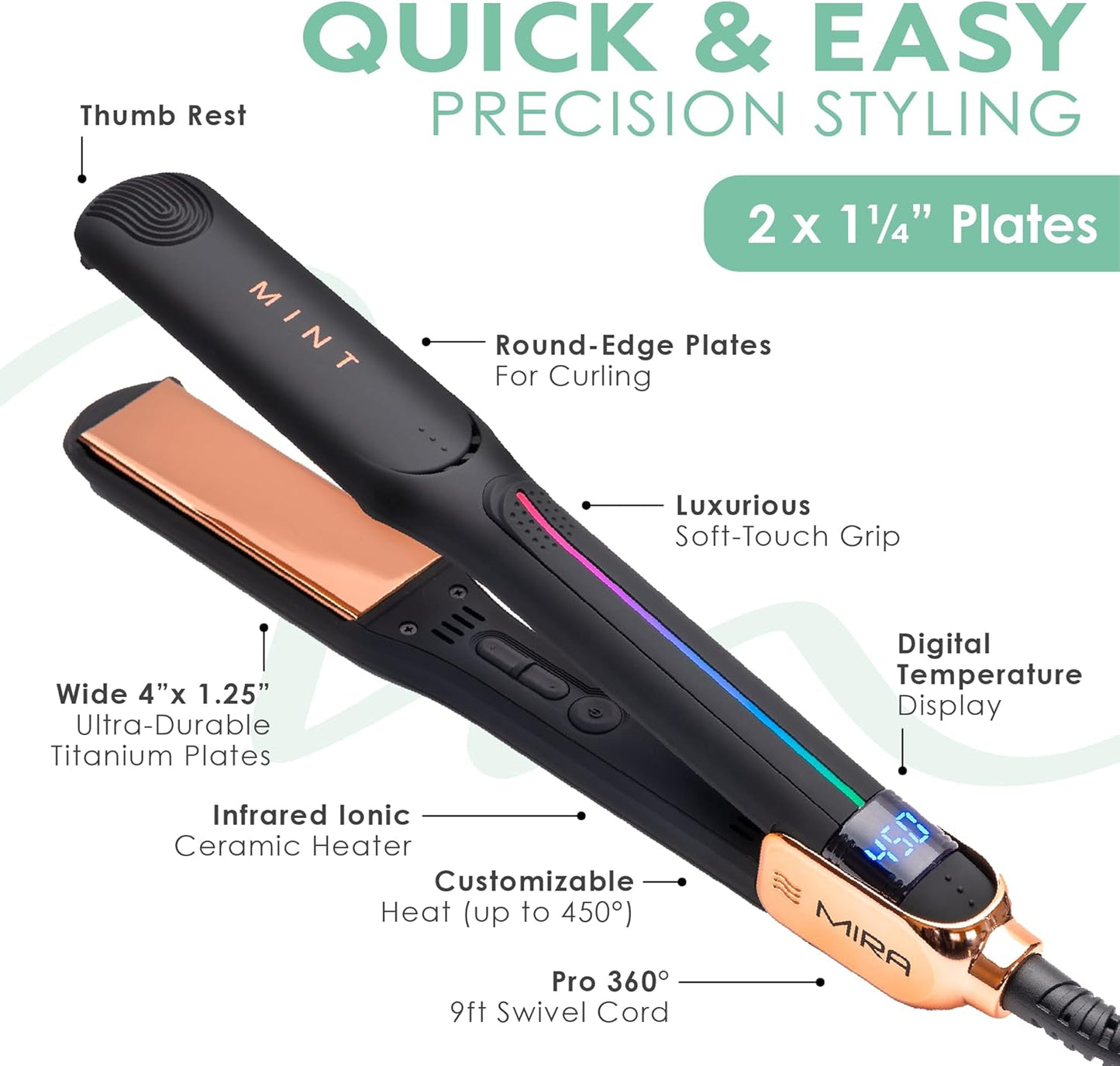 Professional Series MIRA Titanium Flat Iron Hair Straightener for Thick & Fine Hair | Powerful Single-Pass Straightening | Straightener & Curling Iron in One | 1 1/4 Inch Wide Flat Iron by MINT