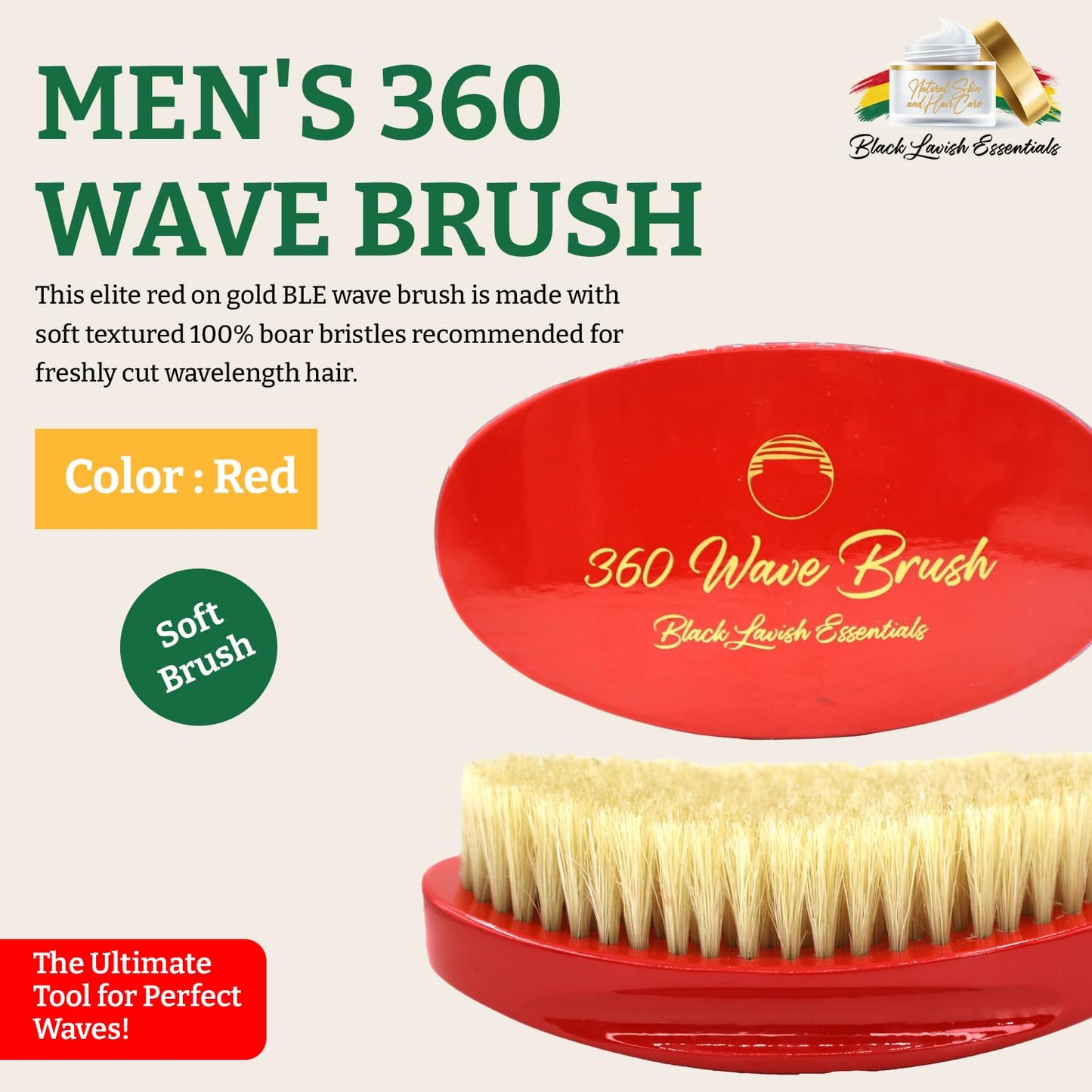 Men’s Hair Brush, Build Deeper Waves, Soft and Hard Boar Bristle Curved Wave Brush, Perfect for Styling Hair (Soft, Red)