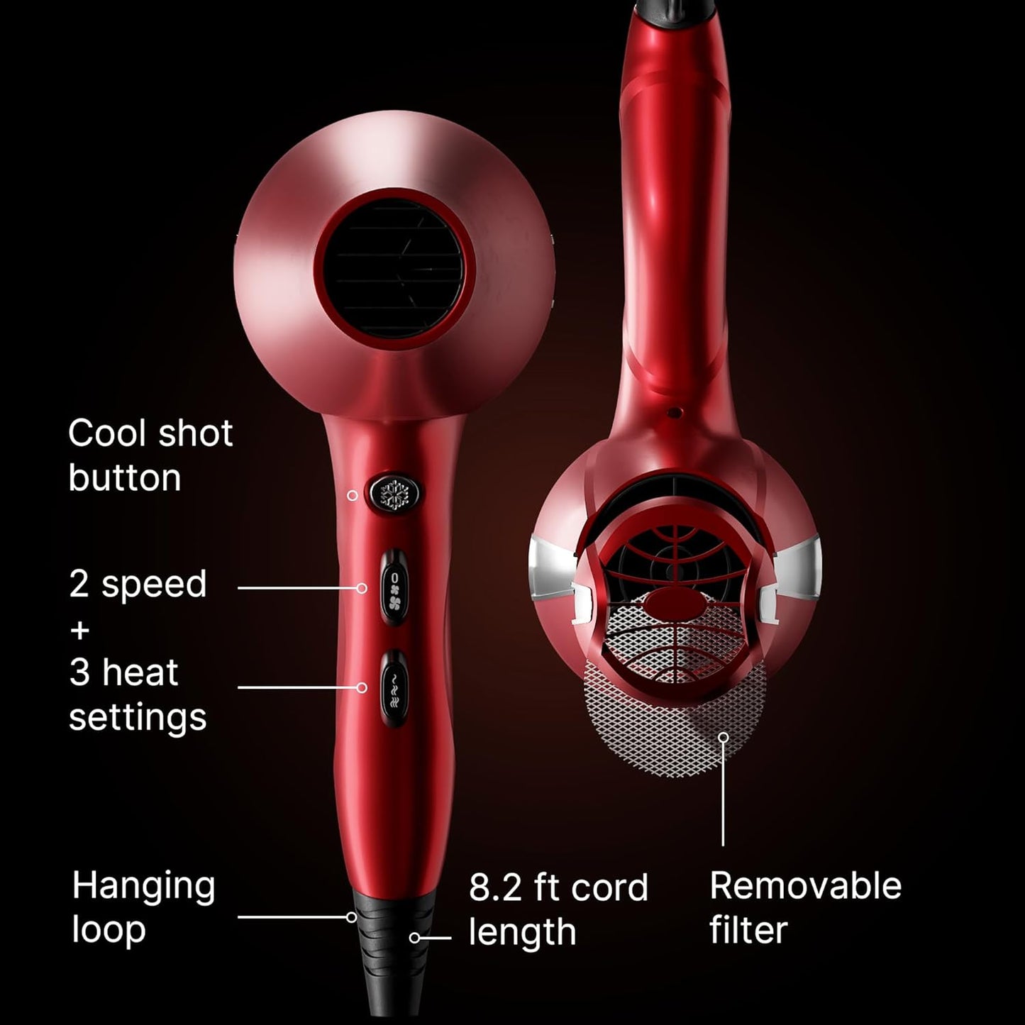 TREZORO Professional Blow Dryer for Women – Ionic Hair Dryer 2000W for Salon & Personal Use – Powerful, Fast & Quiet Drying for Curly Hair, Unwanted Frizz – Design for Travel – 8.2ft Cord – Red