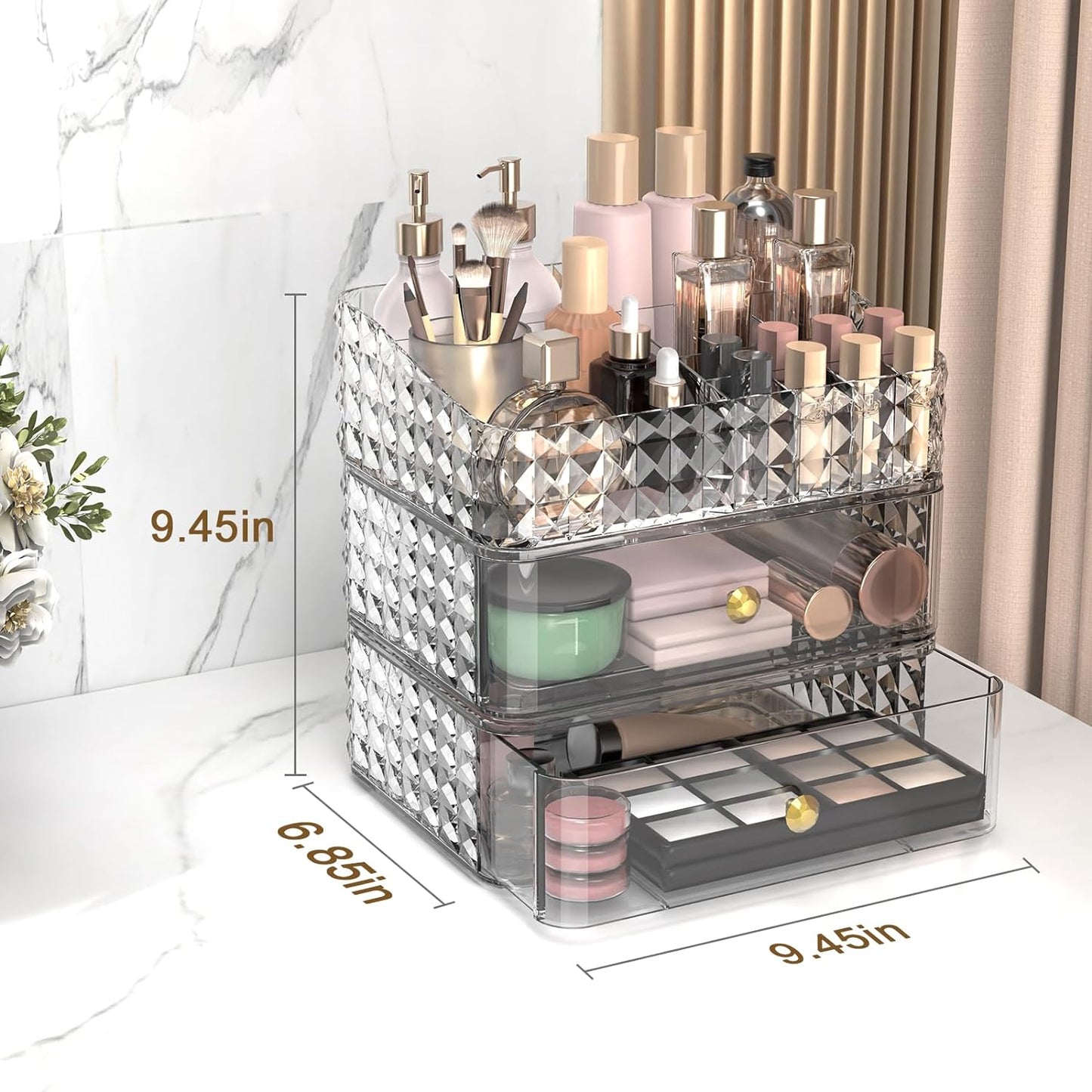 Makeup Organizer for Vanity, Stackable Cosmetics Organizer and Storage, Cosmetic Display Cases with 2 Drawers and 1 Tray for Makeup Brush, Hair Accessories, Lipstick and Jewelry, Clear