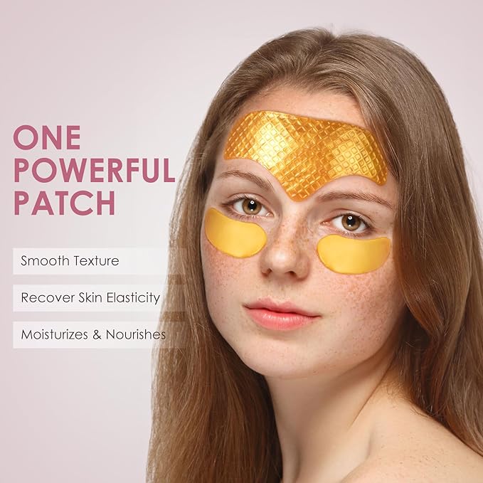 10PCS 24K Gold Forehead Anti Wrinkle Patches & 10Pair 24K Gold Eye Masks, Anti Wrinkle Patches with Collagen, Forehead Wrinkle Patches T-Zone Patch,Collagen Eye Patches for Puffiness and Dark Circles