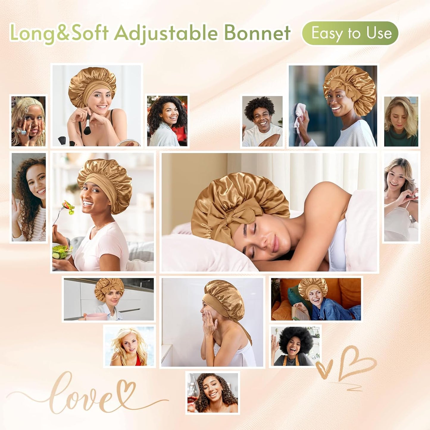 BONNET QUEEN Silk Bonnet for Sleeping Women Satin Bonnet Night Sleep Cap Wrap for Curly Hair with Adjustable Tie Band,Gold