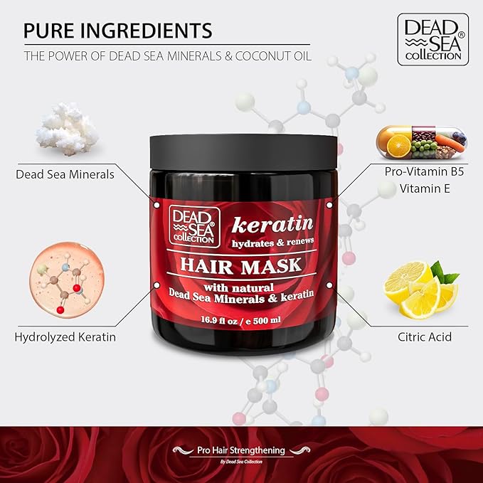 Dead Sea Collection Keratin Hair Mask - Repair, Strengthening and Hydrating Treatment for Damaged Hair - with Nourishing Dead Sea Minerals and Keratin - 16,9 Fl. Oz