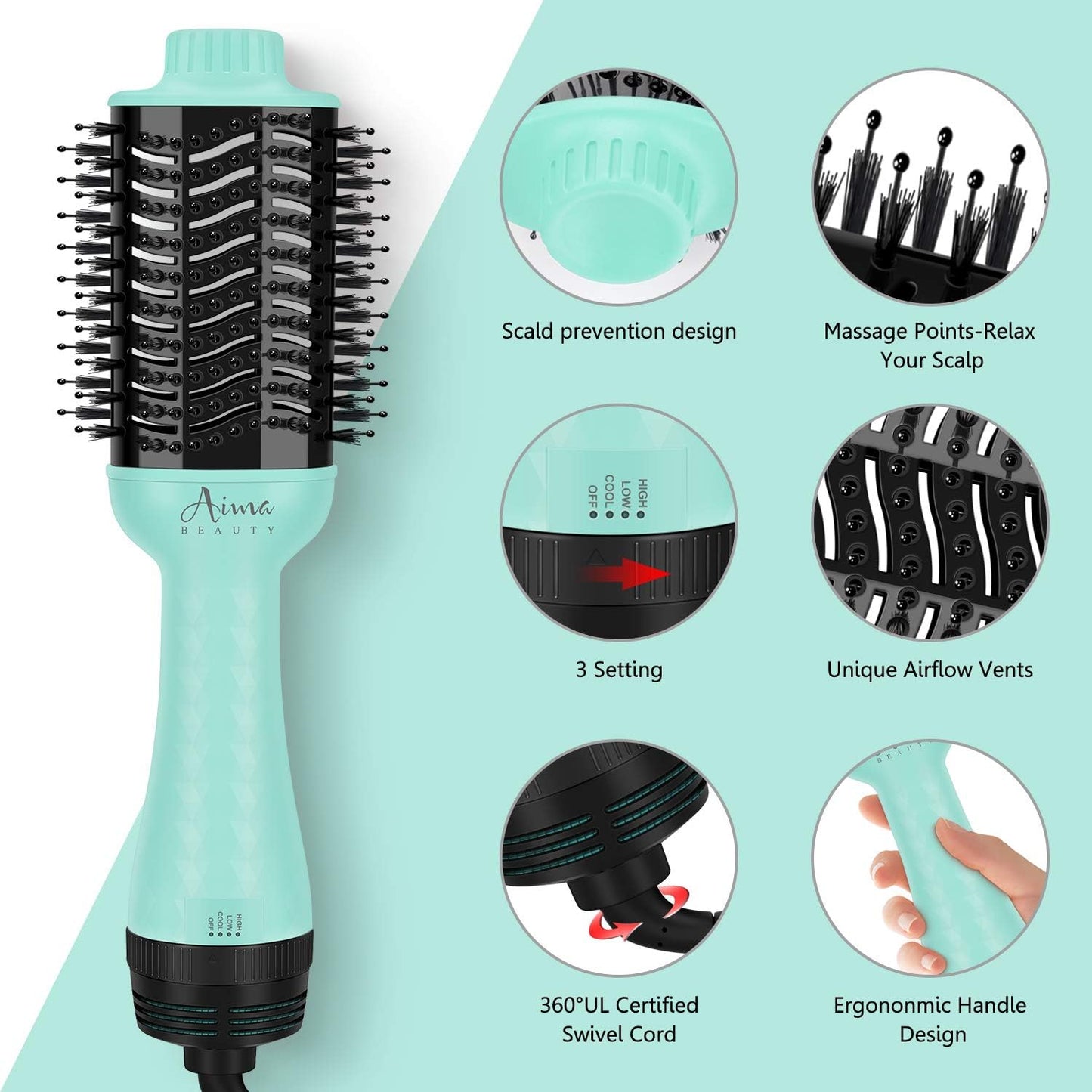 Aima Beauty One-Step Volumizer Hair Dryer Brush, 4-in-1 Upgrade Hot Air Brush for Less Frizz, More Shine, Oval Brush for Blowout, Light Green