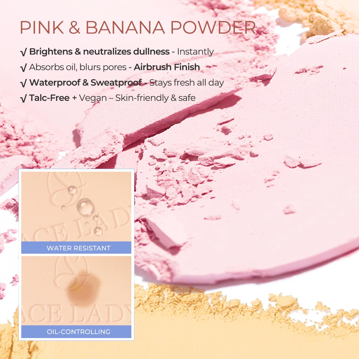 SACE LADY Face Powder Waterproof Setting Makeup, Talc-Free Oil Control Pressed Powder Compact for Women, Blurring Pores Matte Long Lasting Up to 24 Hours, Cruelty-Free (#05 Pink, 0.35Oz)