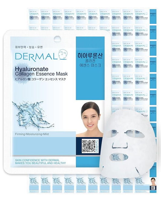DERMAL Hyaluronate Collagen Essence Facial Mask Sheet 23g Pack of 100 - Hydro Boost Moisturizing for Dry Skin, Smoothing Fine Lines Wrinkles, Daily Skin Treatment Solution Sheet Mask