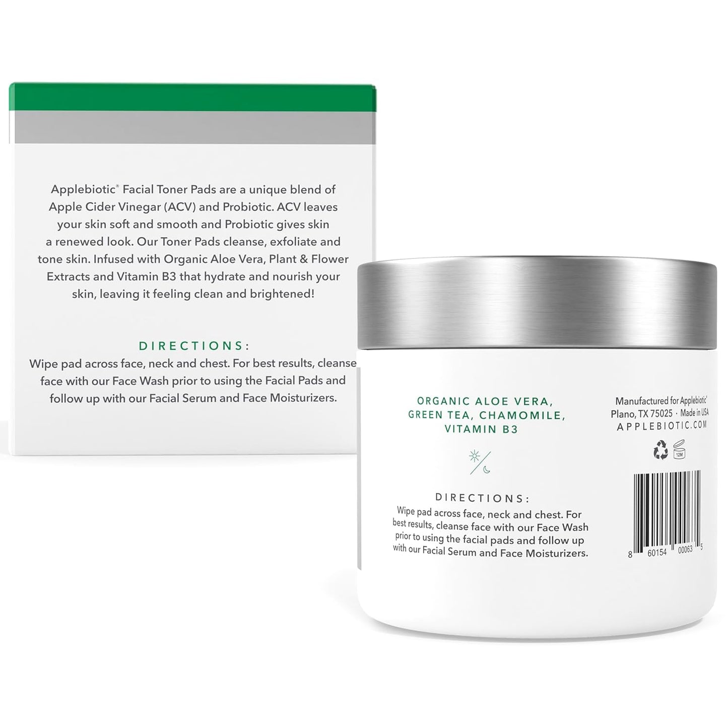 Applebiotic Toner Pads for Face - Exfoliating Face Wipes, for All Skin Types - Apple Cider Vinegar, Green Tea, 60 Pads