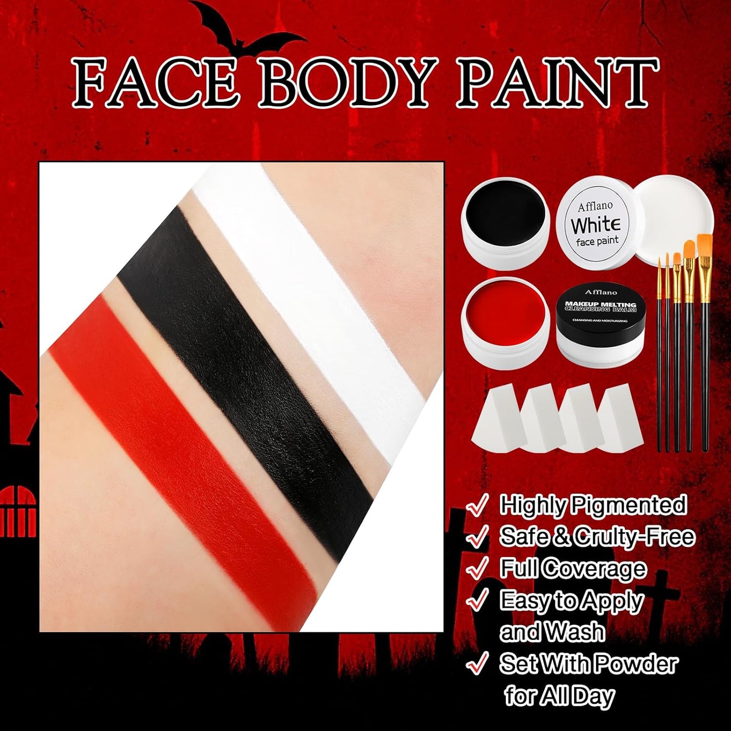 Black White Red Face Paint Kit – Large 50g Oil-Based Grease Makeup Set with Remover Balm, 5 Brushes & 4 Sponges – Waterproof, Full Coverage Halloween, Cosplay & Stage SFX Makeup