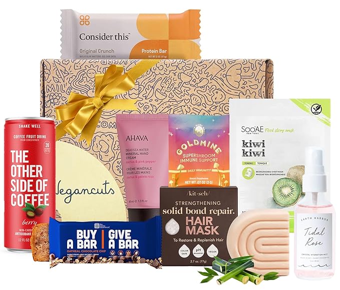 Vegan Wellness & Beauty Gift Box – Immune Support Powder, Protein Bars, Hydration Mist, Hair Mask, Hand Cream & Kiwi Mask – Ideal Gift for Moms, Women & Self-Care Lovers