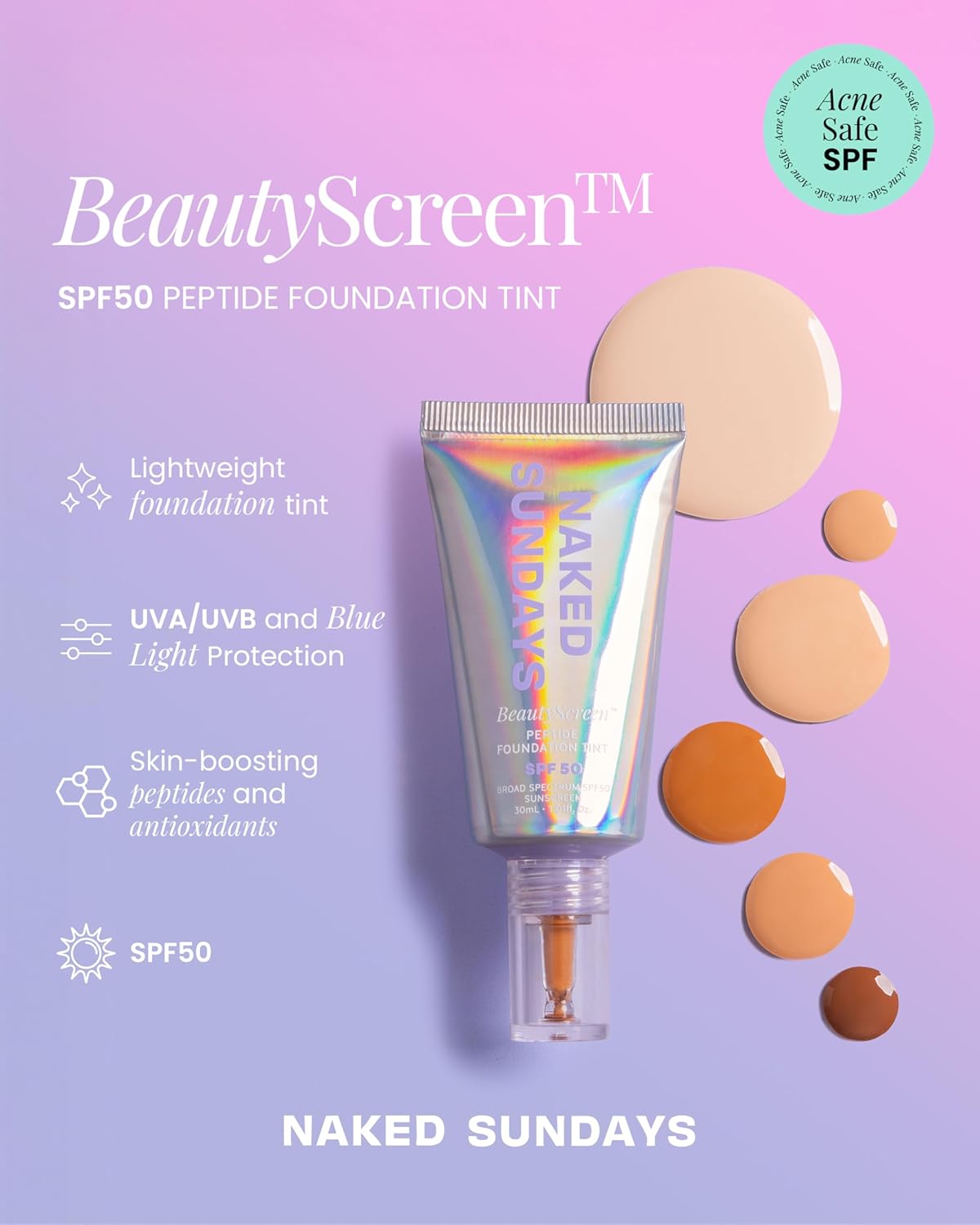 Naked Sundays BeautyScreen™ SPF 50 Mineral Peptide Foundation Tint – Skin Tint & Mineral Sunscreen | Radiant, Buildable Coverage, Acne-Safe, Infused with Peptides (2.5 Light Neutral, 1.01 oz)