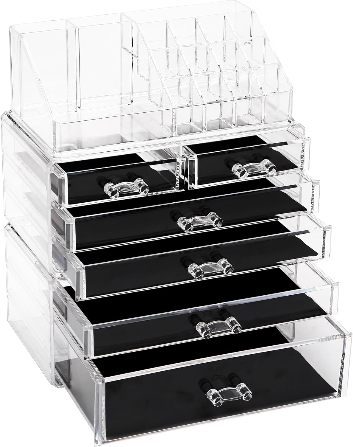 Sea Team 3-Layer Stackable Clear Makeup Organizer with Drawers, Acrylic Plastic Cosmetic Display Case, Jewelry Storage Box for Dresser, Bathroom, Vanity, Countertop (6 Drawers, 1 Lipstick Holder)