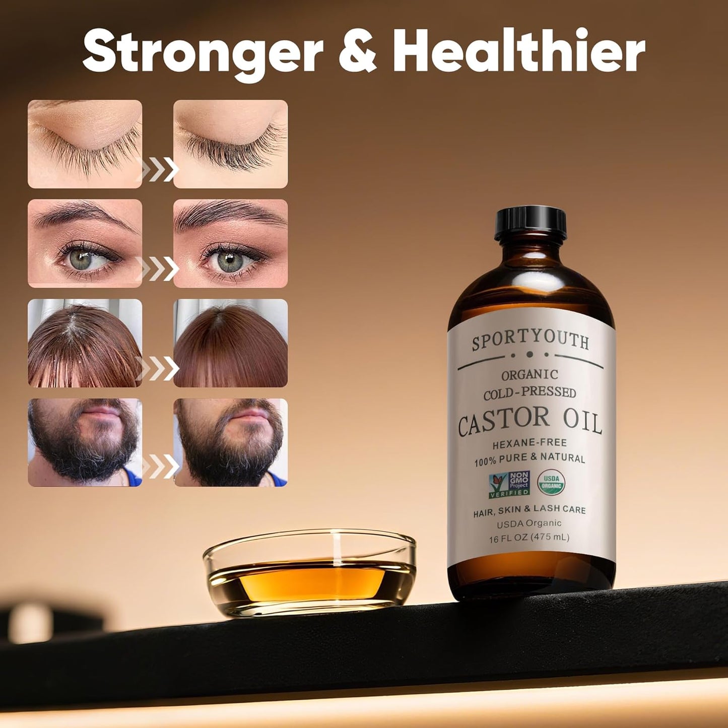 SPORTYOUTH Castor Oil Organic Cold Pressed Hexane Free USDA Certified 100% Pure Unrefined 16 oz Glass Bottle Carrier Oil for Hair Growth, Scalp, Castor Oil Pack, Eyelashes, Brows, Skin, Face, Body