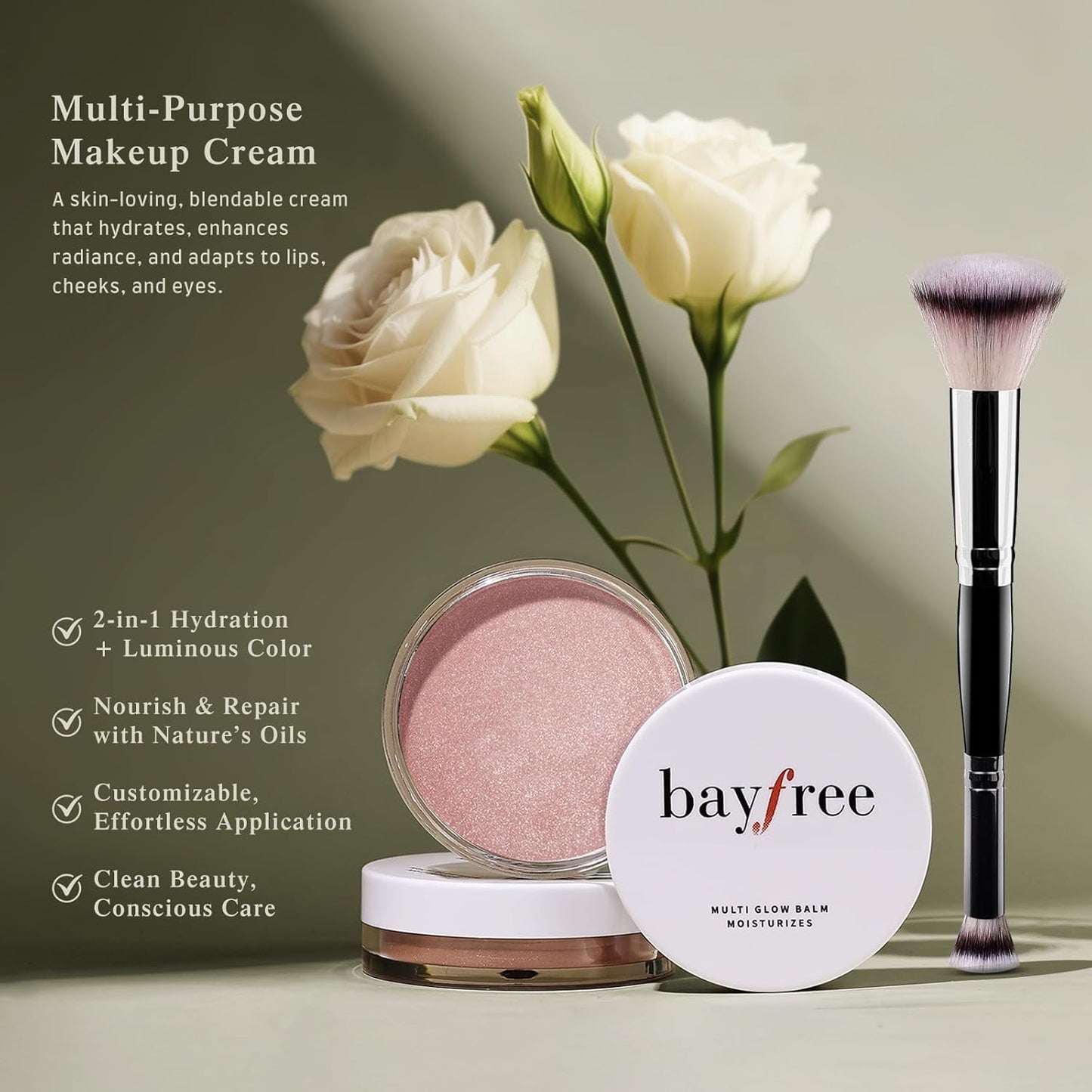 bayfree Multi Glow Balm Set, Cream Blush with Double-ended Brush, Radiant Finish, Hydrating, Creamy, Radiant Finish, Lightweight & Blendable Color, Face Balm