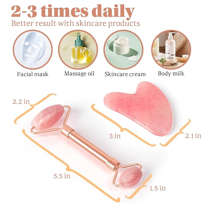 Jade Roller & GuaSha Set-Facial Beauty Roller Skin Care Tools, Rose Quartz Massager for Face, Eyes, Neck, Body to Relieve Wrinkles,Fine Line and Eyepuffiness