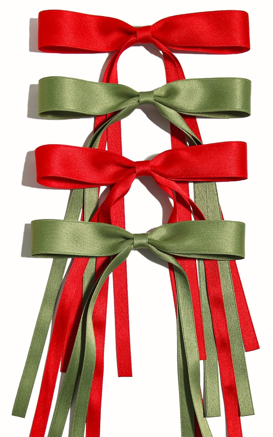 Tassel Ribbon Bowknot Hair Clips with Long Tails for Women and Girls, Solid Barrettes and Claw Clips with Bows for Long Hair (Red Green)