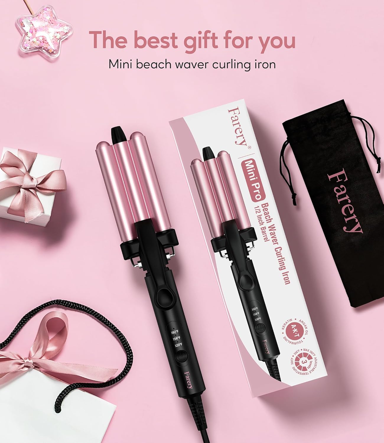 FARERY Mini Hair Crimper Hair Waver 3 Temperature Adjustable, 3 Barrel Curling Iron for Short Hair, Hair Crimper for Women Beach Waves, 1/2 Inch for Tight Curls, Travel Size, Dual Voltage, Pouch Bag