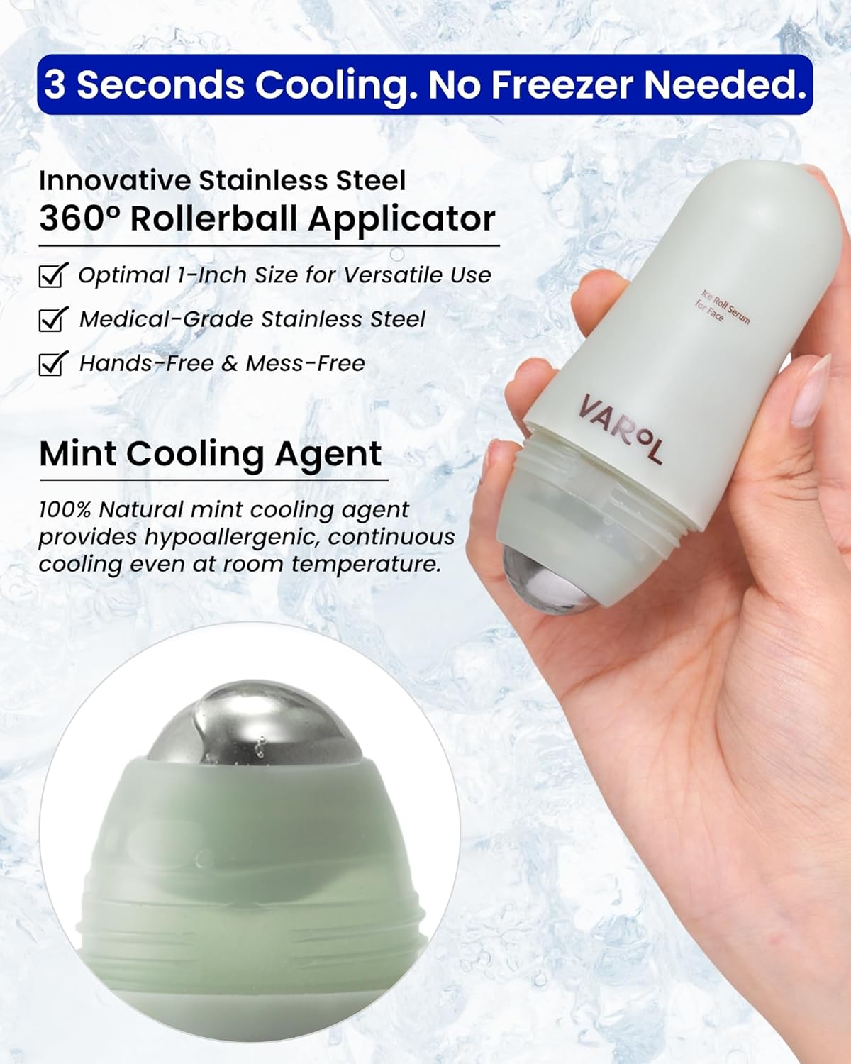 Ice Roll Serum - Cooling Serum with Face Massager Roller for Under Eye Bags, Puffiness, Dark Circles, Hydrating & Pore Minimizing with Panthenol, Tannin - Korean Skin Care, 1.69 Fl Oz (50ml)