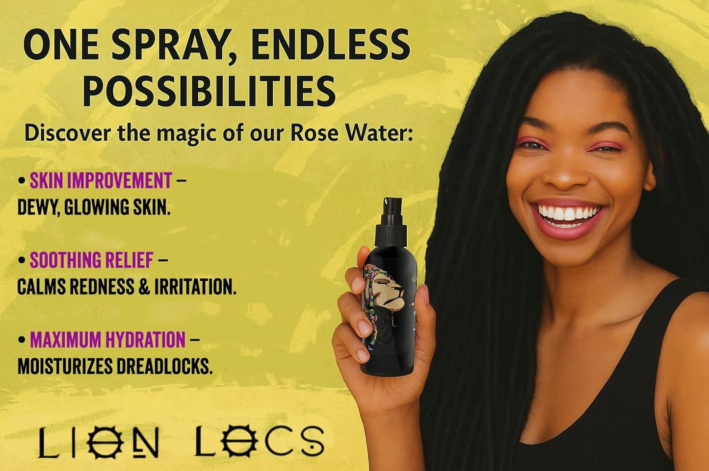 Lion Locs Rosewater Spray for Dreads, Dreadlocks, Braids, Faux Locs, Crochet Locs, Sisterlocks with Aloe, Essential Oils, Vitamins, and Glycerin | Organic Vegan Conditioner Rose Water Spritz (8 oz.)