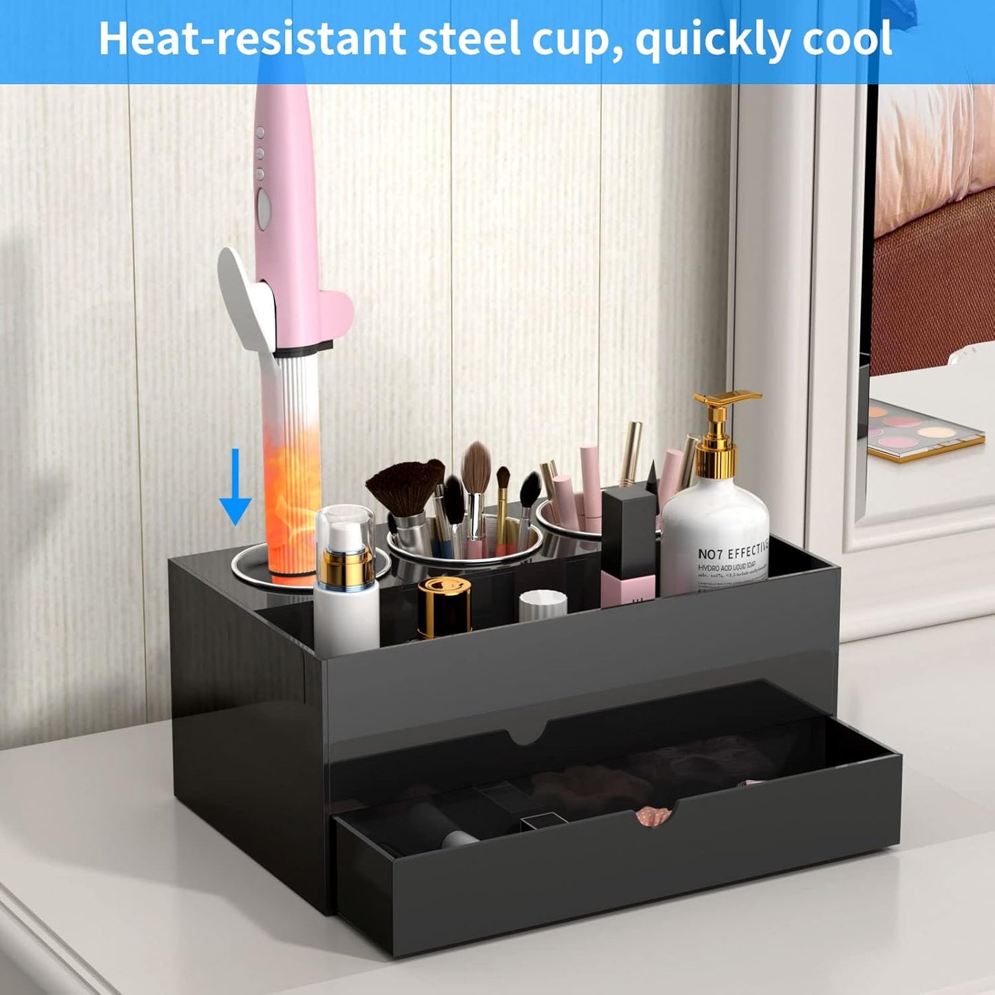 NIUBEE Hair Tool Organizer, Black Acrylic Hair Dryer and Styling Organizer with Drawer, Bathroom Countertop Blow Dryer Holder, Vanity Caddy Storage Stand for Accessories, Makeup, Toiletries