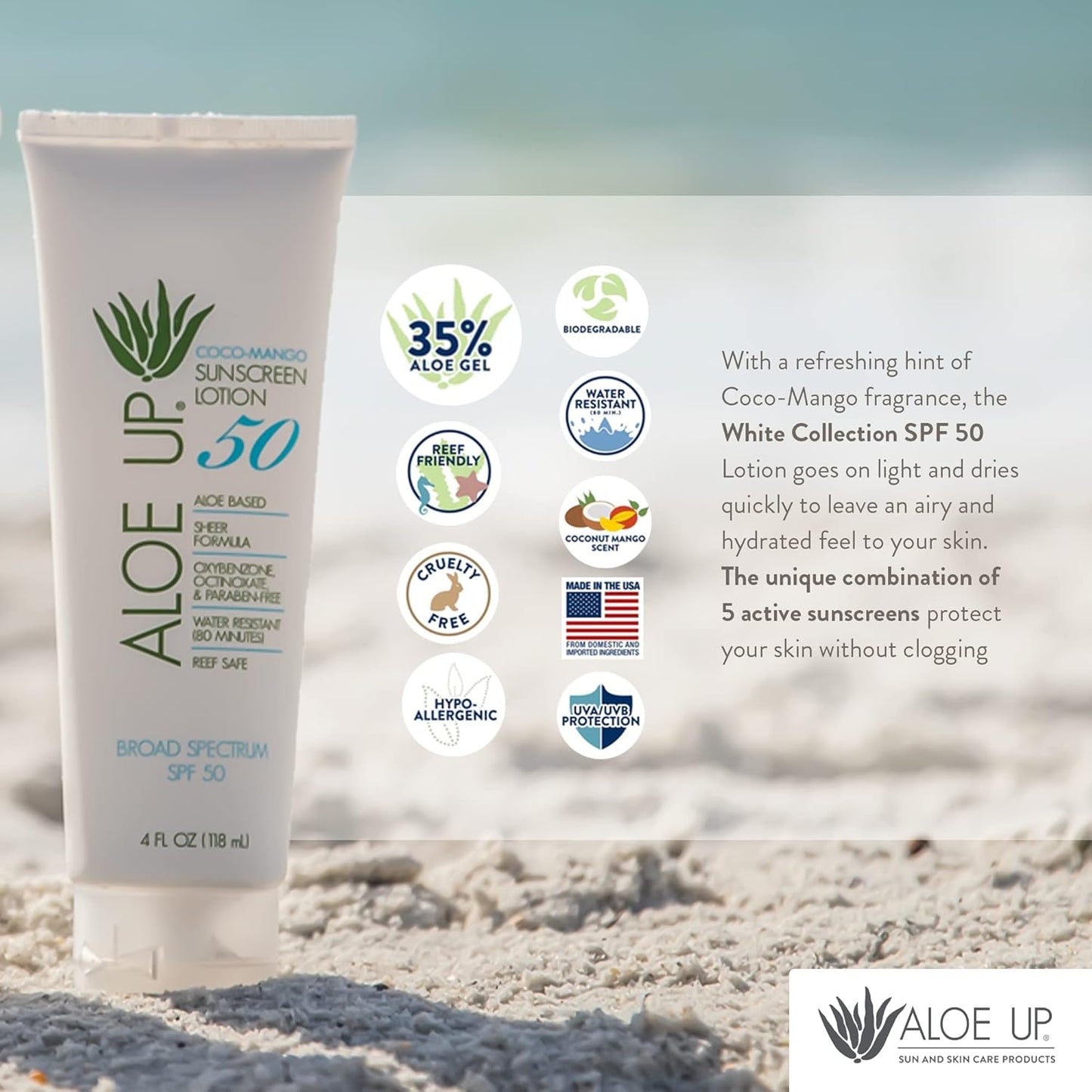 Aloe Up SPF 50 Sunscreen for Sensitive Skin - Broad Spectrum Face and Body Sunblock with Aloe Vera - Reef-Safe, Hydrating Coco-Mango Fragrance, 4 Oz