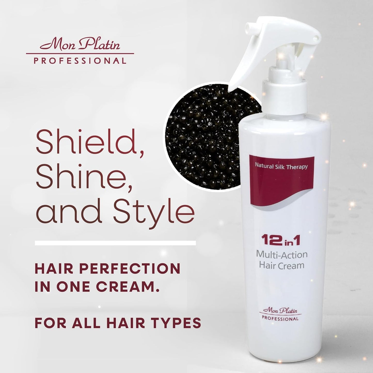Mon Platin Professional Multi-Action Hair Cream with Black Caviar - 250 ml 12-in-1 Premium Leave In Conditioner Spray for Dry Damaged Hair - Repairing, Moisturizing, Smoothing, and Protecting