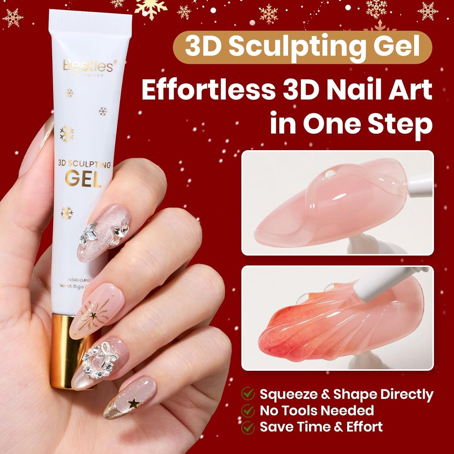 Beetles Christmas Rhinestones Glue Kit - Christmas Limited with 3D Sculpting Gel, Strong Nail Art Gem Glue &Tool for Crystals Pearls Charms Christmas Nail Art DIY Decoration Gift for Women