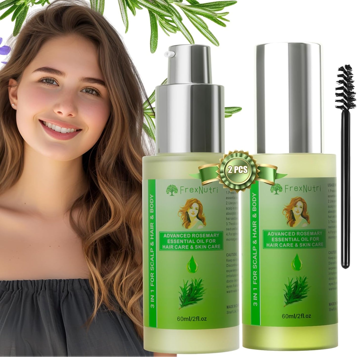 Rosemary Oil for Hair Growth (2 x 60ML), Organic Pure Rosemary Essential Oil for Hair & Scalp, Leak-Proof Bottle with Precision Press Dispenser, Multi-Purpose for Hair, Skin & Aromatherapy