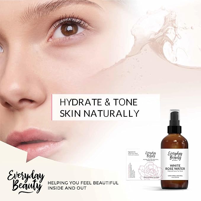 White Rose Water Facial Toner - Alcohol-Free Vegan All Natural Refreshing Spray Mist for Face and Hair - Uplifts, Calming & Soothing for All Skin Types 4oz with Fine Mist Cap