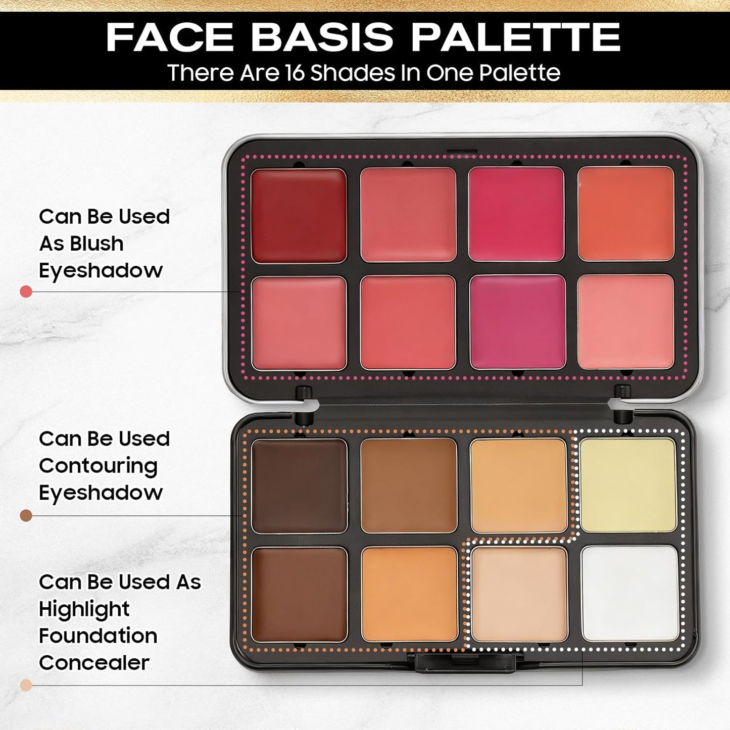 16 Color (Waterproof All-in-One Palette) Highlighter + Concealer + Eyeshadow + Blush, all in one makeup palette, Crease-Proof & Sweat-Resistant for Flawless Glow, Travel-Friendly Cosmetic Set