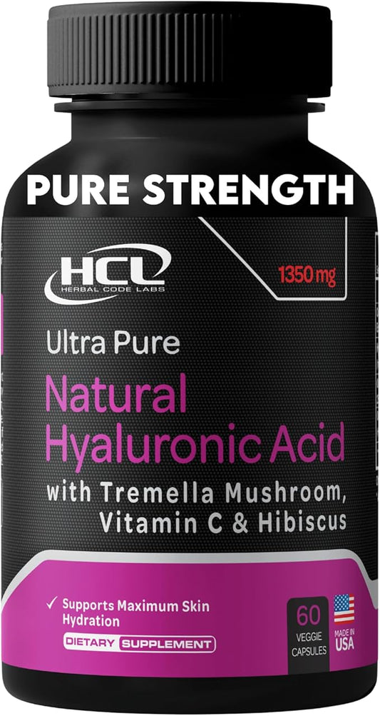 Natural Hyaluronic Acid Supplement 5X Stronger Hydration Pills from Pure Tremella Mushroom with Vitamin C & Hibiscus - Skin Supplement Anti Wrinkle Dietary Capsules - hair nails vitamins