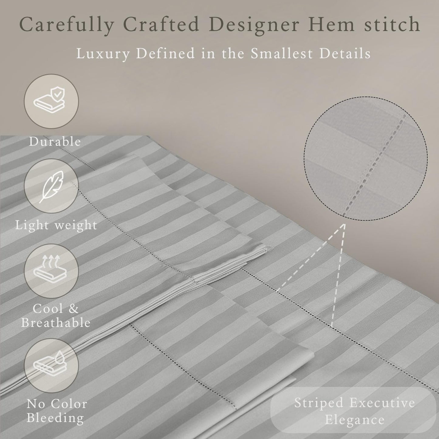 Threadmill 500 Thread Count King Size Damask Stripe, 4 Pc Luxury Cotton Bed Sheet Set, Silky Soft Light Grey Sheets with 16" Elasticized Deep Pocket, 2 Pillowcases & Free Tote Bag