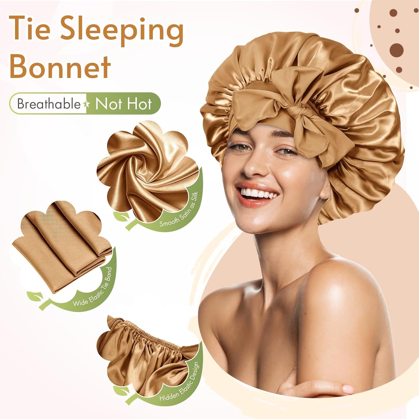 BONNET QUEEN Silk Bonnet for Sleeping Women Satin Bonnet Night Sleep Cap Wrap for Curly Hair with Adjustable Tie Band,Gold