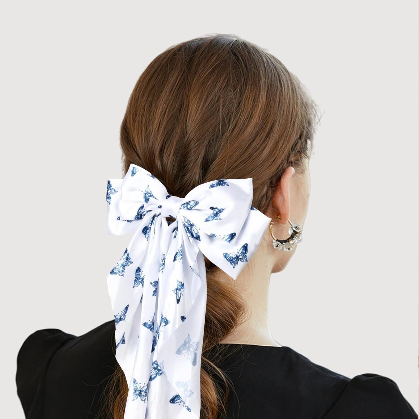 Silky Satin Hair Bows for Women Girls - 4PCS Ribbon Bows for Hair, Big Bow Hair Clips with Long Tail, Barrettes - Cute Hair Accessories Gifts (Black, Navy, Butterfly, White)