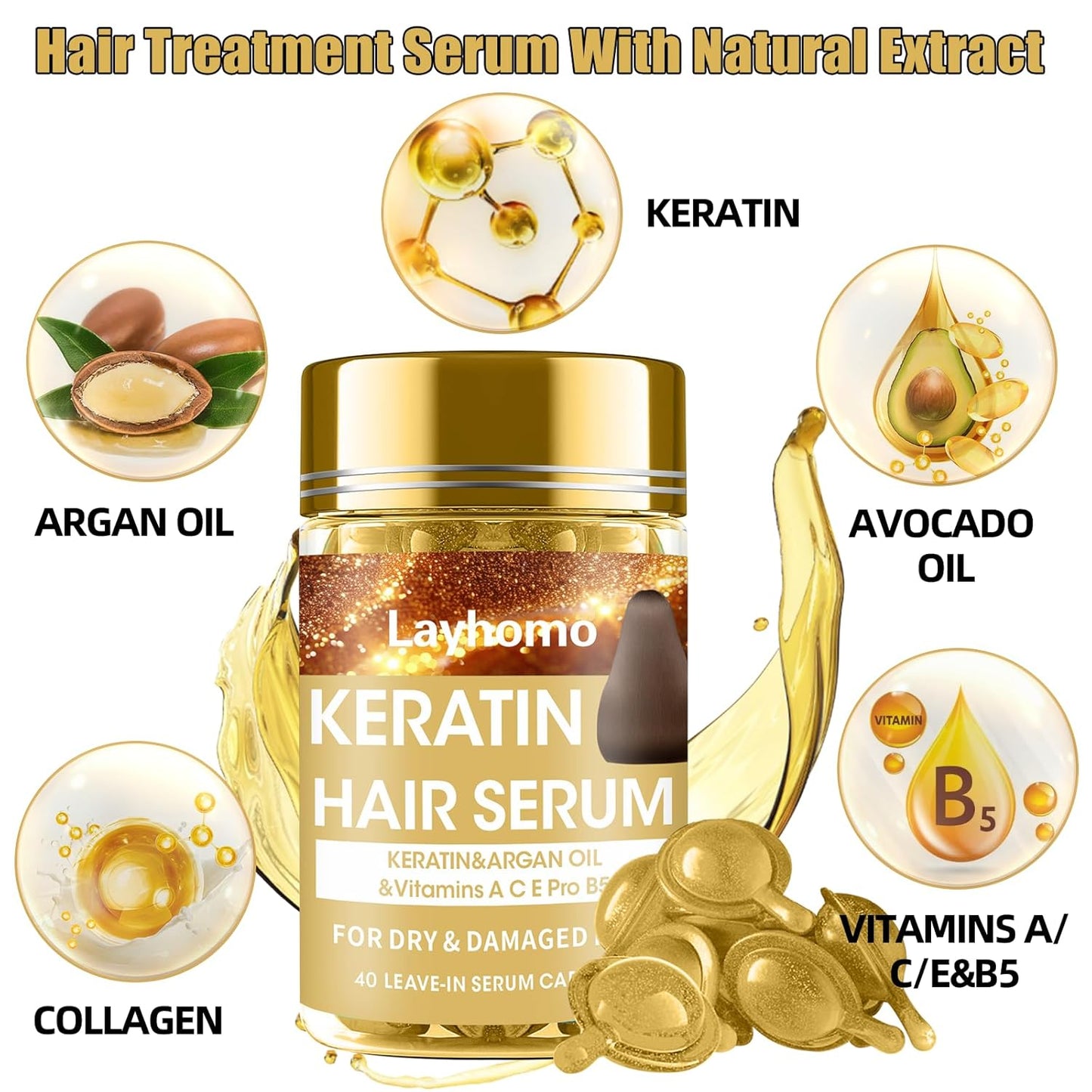 Keratin Hair Treatment Serum,Hair Oil Treatment for Dry Damaged Hair,Hair Oil Capsules with Keratin,Argan Oil-Leave-in Anti Frizz Conditioner with Vitamins A, C, E & B5- No Rinse for All Hair Types