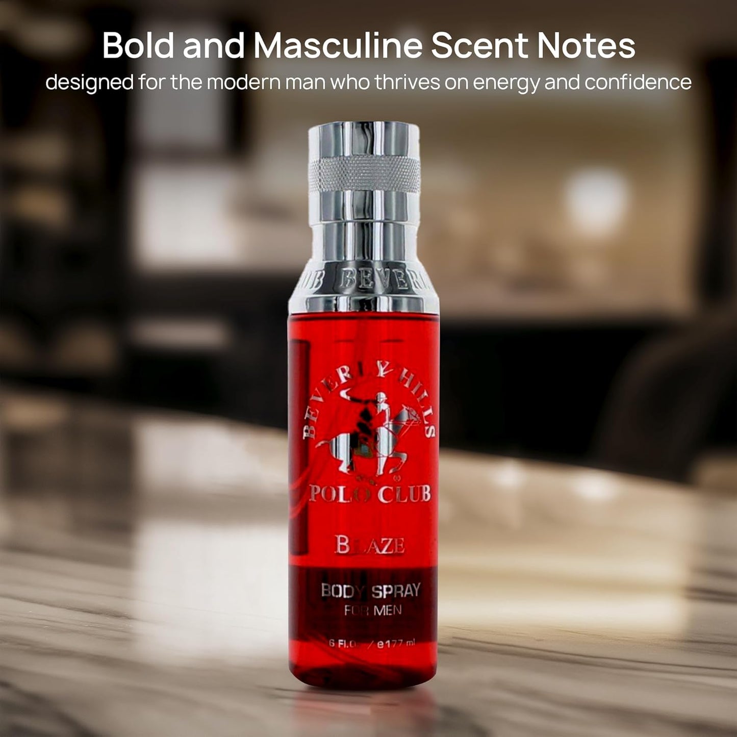 Beverly Hills Polo Club Body Spray for Men - BHPC Blaze - Fresh, Earthy with Notes of Cedar & Basil - Long Lasting Body Mist Cologne Scent - Ideal Gift for Him, 6oz