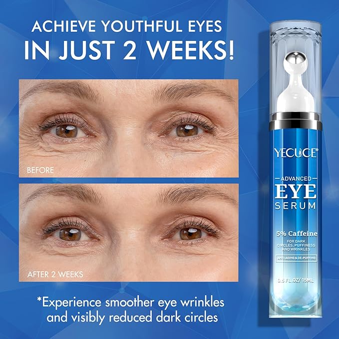 Eye Serum for Dark Circles and Puffiness, Under Eye Serum with 5% Caffeine Anti Aging Smooths fine lines and wrinkle appearance, Eye Cream with 360° Eye Roller Massage Ball