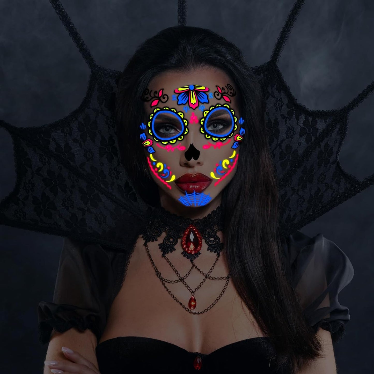 HOWAF Neon Day of The Dead Temporary Tattoos 8 Pairs Face Mask Tattoos, Glow UV Neon Dia De Los Muertos Sugar Skull Face Body Tattoos Sticker for Halloween Mexican Makeup Cosplay Party Supplies