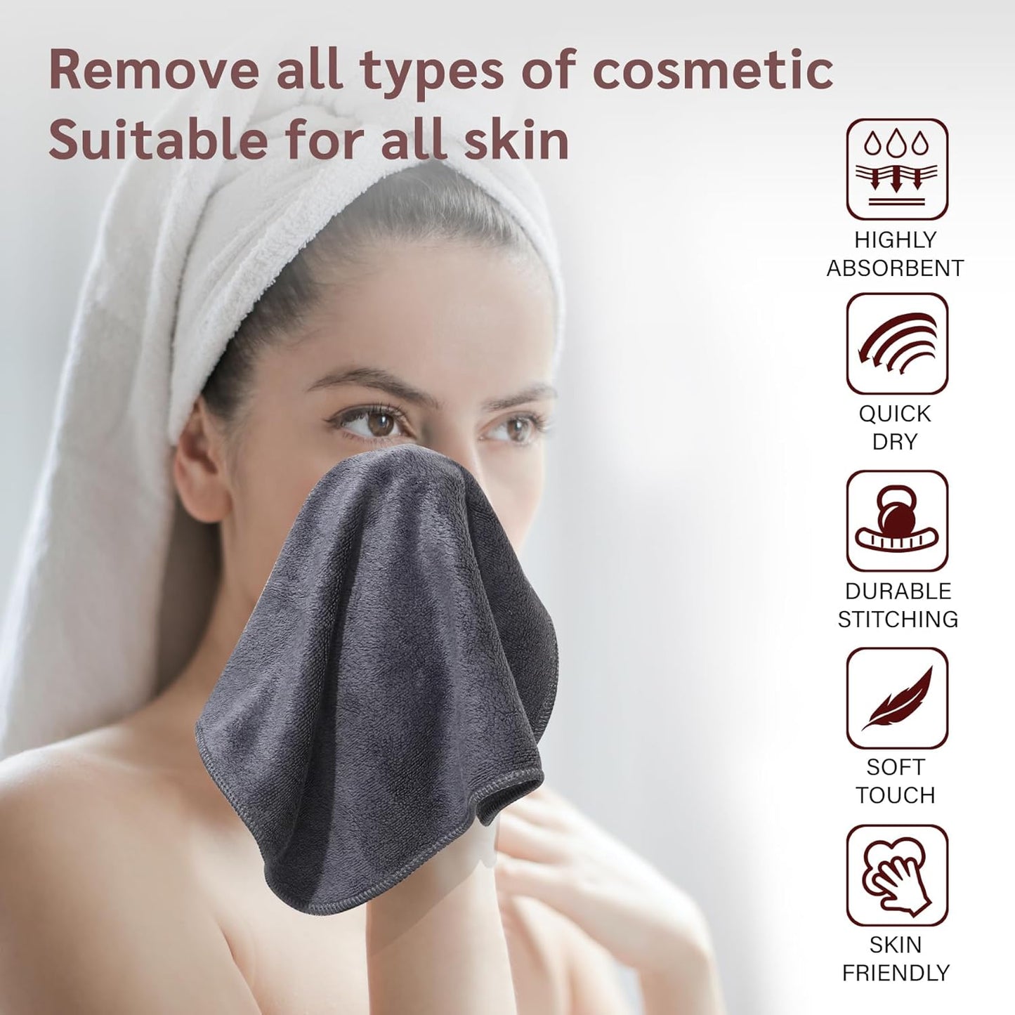 Nugilla Makeup Remover Cloth 12 x 12 Inch, Reusable Makeup Remover Towels for Washing Face, 6 Pack Washable Microfiber Face Cloth Fast Drying Washcloth, Grey