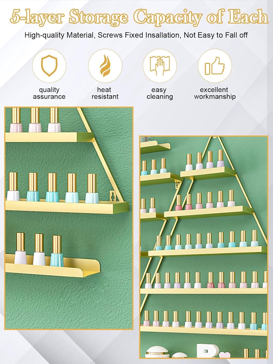 EBANKU 6PCS Nail Polish Racks 5 Tiers Nail Polish Shelf for Wall Triangular Display Rack Cosmetic Display Cases Lipstick Perfume Wall Shelf Essential Oil Organizers for Home Spa Nail Salon Shop(Gold)