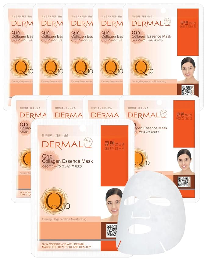 DERMAL Q10 Collagen Essence Facial Mask Sheet 23g Pack of 10 - Coenzyme Q10, Anti Wrinkle and Anti Aging, Skin Elasticity, Daily Skin Treatment Solution Sheet Mask