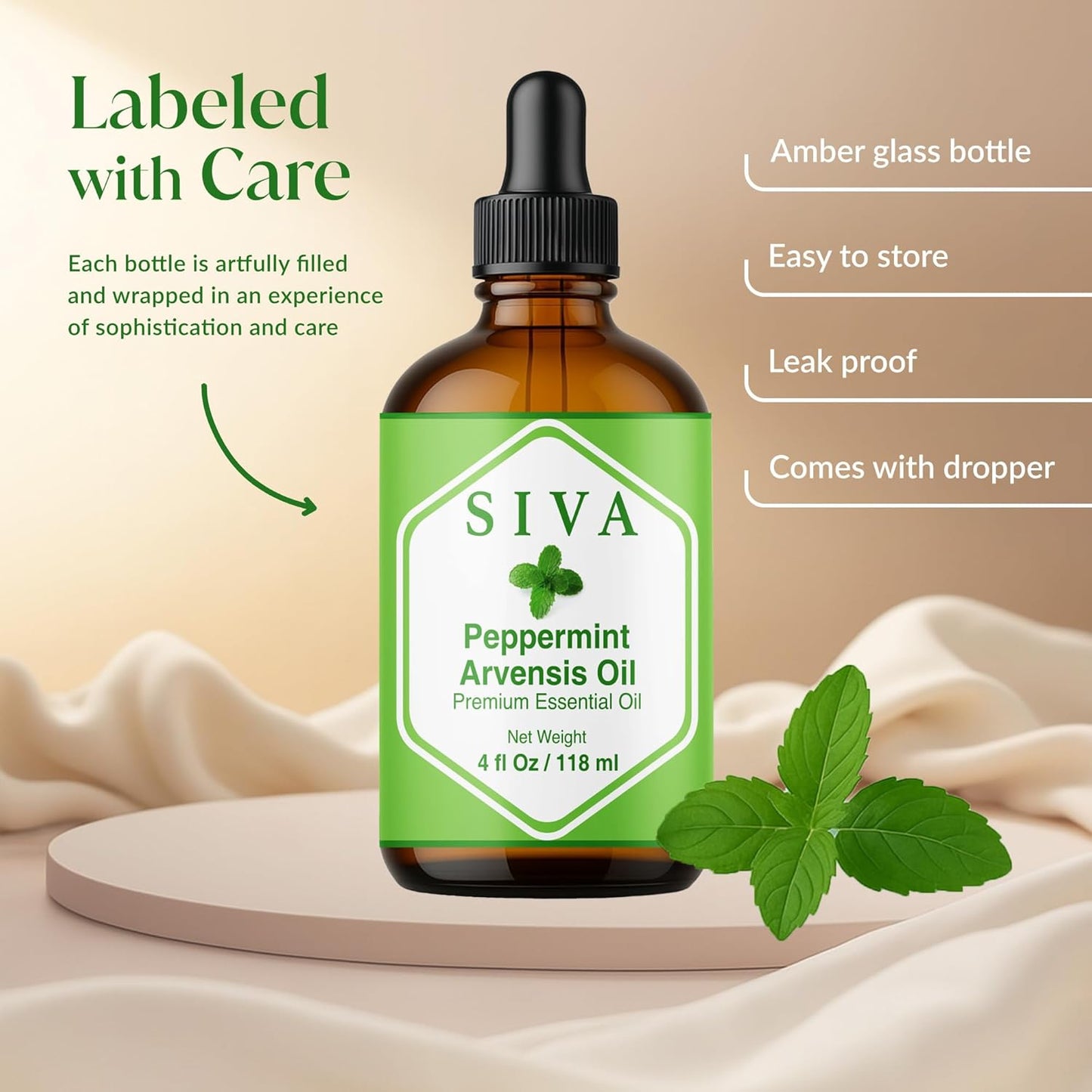 Siva Peppermint Arvensis Essential Oil - 4 Fl Oz – 100% Natural Peppermint Arvensis Oil - for Diffuser, Face, Skin Care, Aromatherapy, Hair Care, Scalp and Body Massage - with Dropper